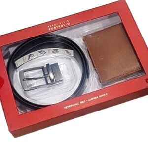 NEW! PERRY ELLIS Men's Reversible Leather Belt & Wallet 2pc Gift Set Medium.